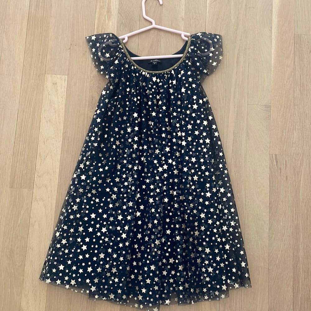 Girls Navy with gold stars organza like dress. Size 6.